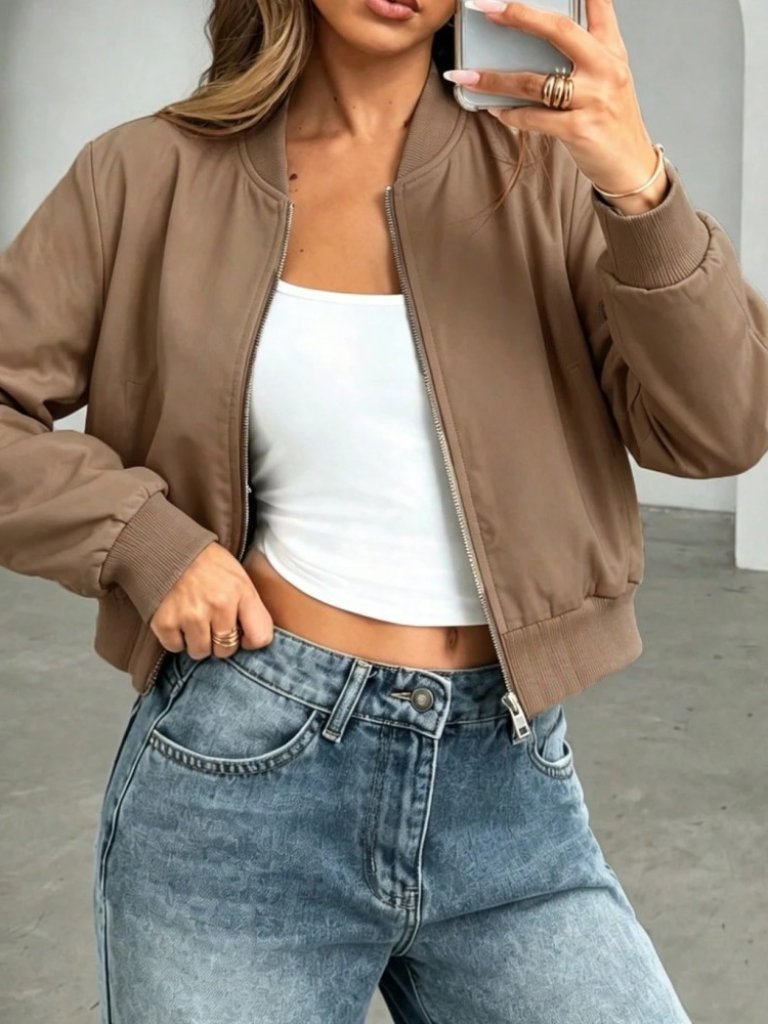 Mocha Brown Cropped Bomber Jacket With Zip Front